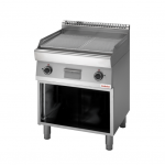 Fry top elettrico, Piastra 2/3 liscia 1/3 rigata cromata, su armadio aperto