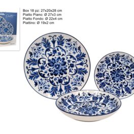 SERVIZIO PIATTI 18PZ IN PORCELLANA CON DECORO MAIOLICA BLU